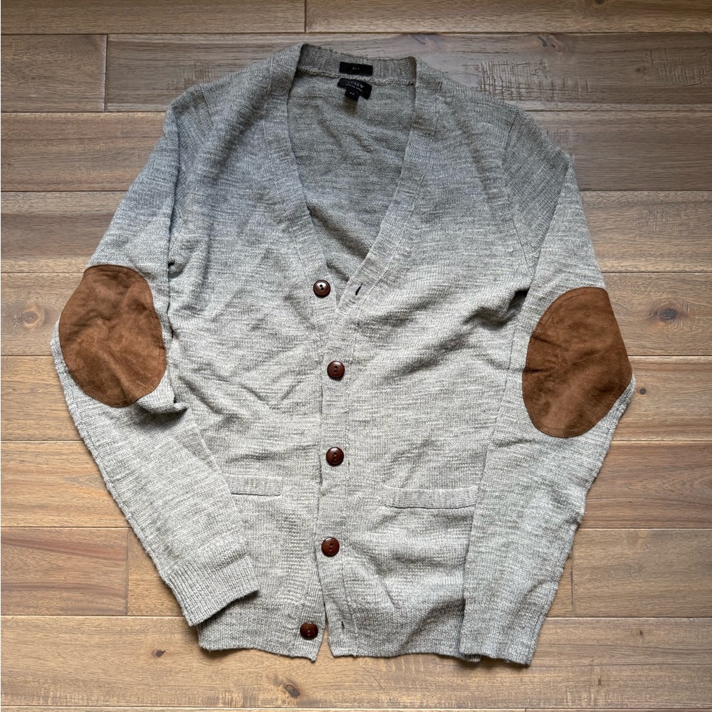 J. Crew Merino Wool Slim XS Gray Cardigan with Brown Elbow Patches